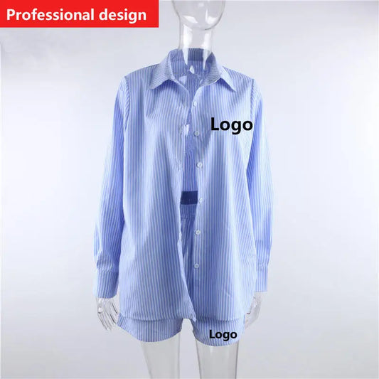 Custom 2pcs Striped Women's Long Sleeve Female Button Loungewear Blouse Shorts Sets Loose Stripe Shirt Outfits