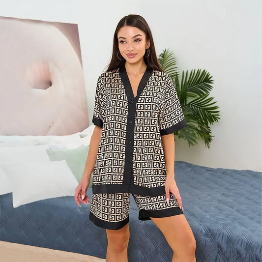 Satin Silk Short-Sleeve Pajama Set – Pants Included
