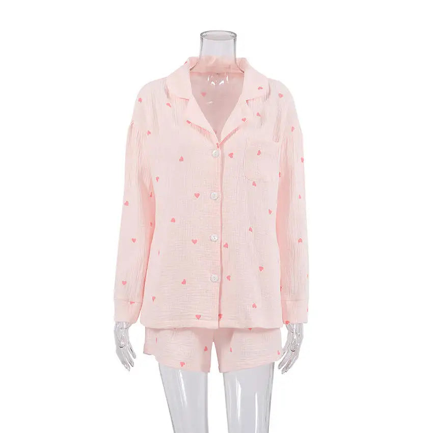 Cotton Print Long Sleeve Top & Shorts PJ Set