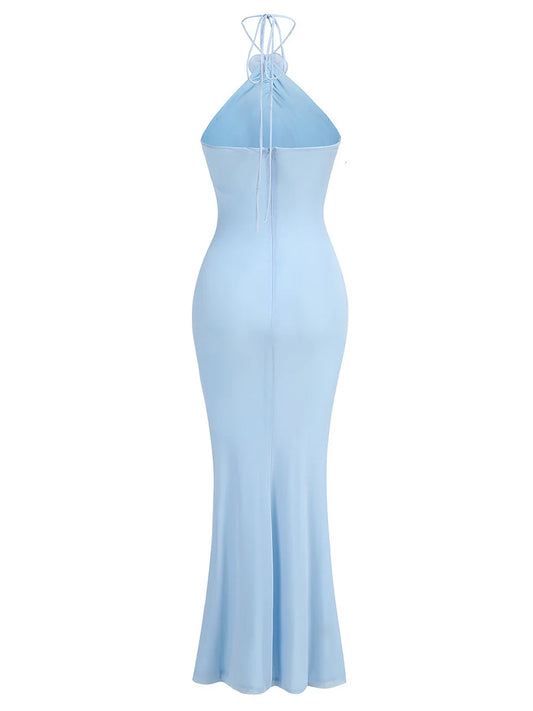 Evening Party Club Dresses Sexy Halter Neck 3D Flower Pencil Long Dress Women Light Blue Spaghetti Strap Cashmere Vacation Style