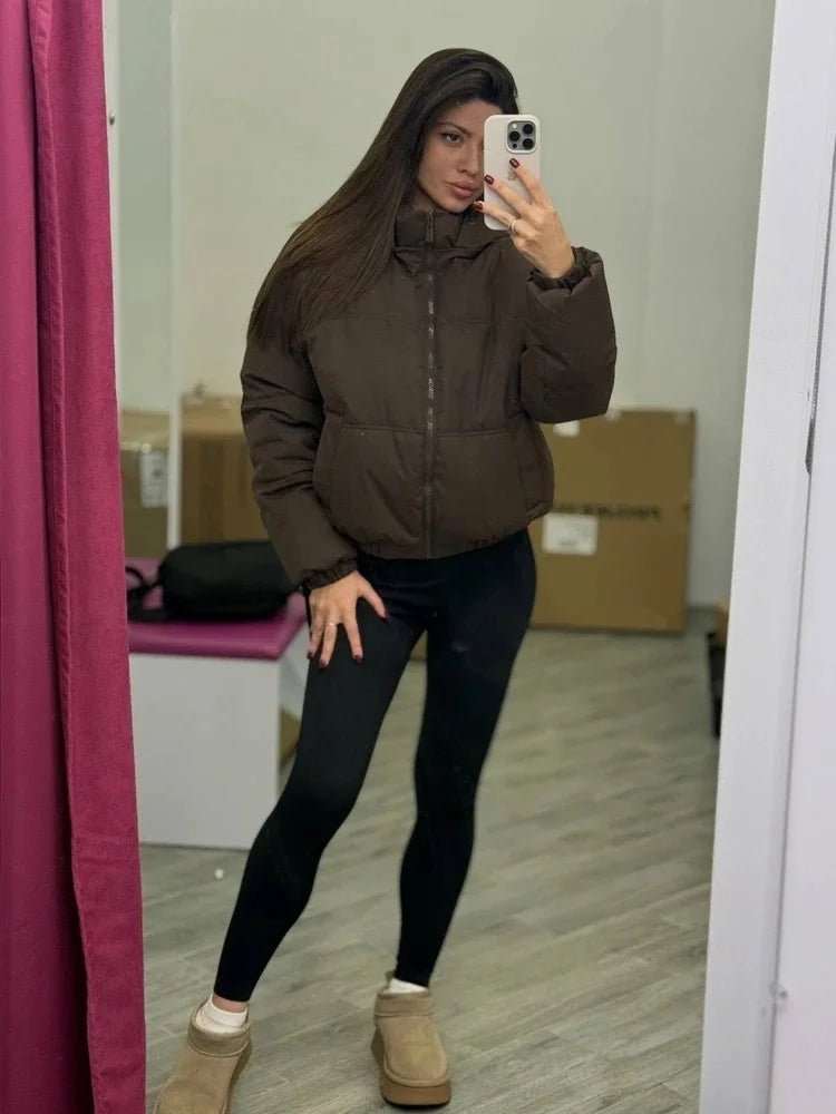 Solid Color Loose Short Women's Cotton Clothing Fashion Stand Up Collar Zipper Elastic Cuff Pocket Jacket 2026 Winter Daily Wear