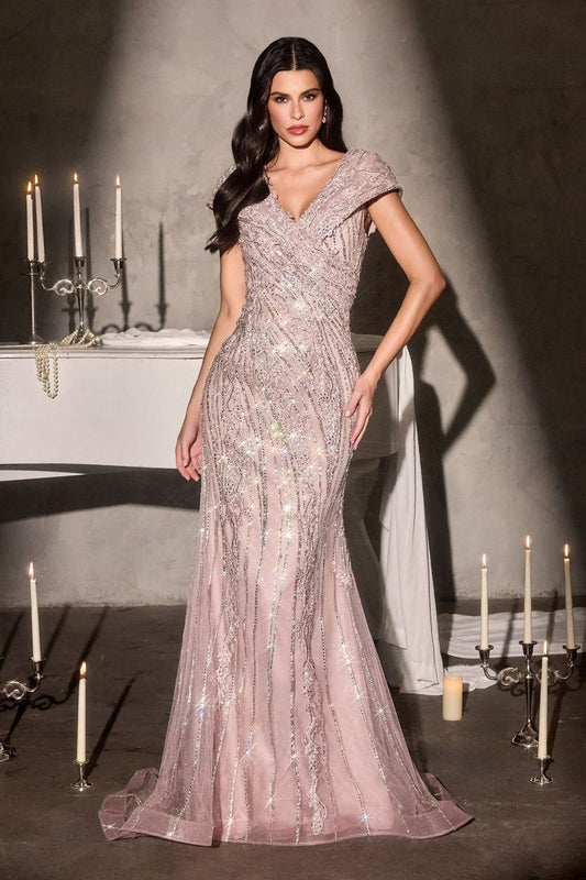 Modern Mother Of Bride Gown w/ Cape Sleeves & Beaded Tulle Overlay CDCD698-1