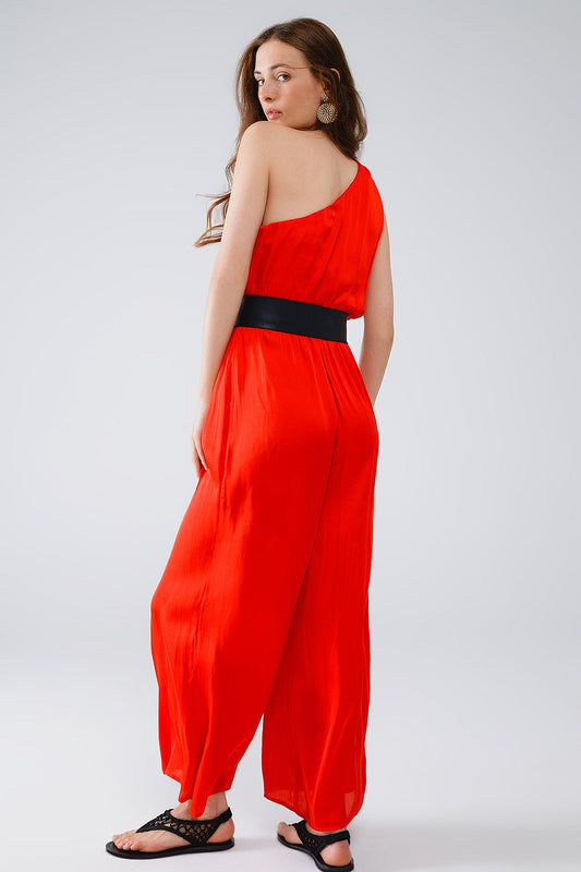 Drapped One Shoulder Jumpsuit With Cinched Waist in Red