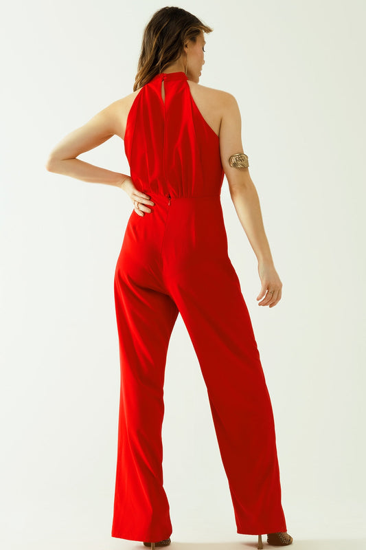 Red Jumpuits With Top Crossed and High Collar