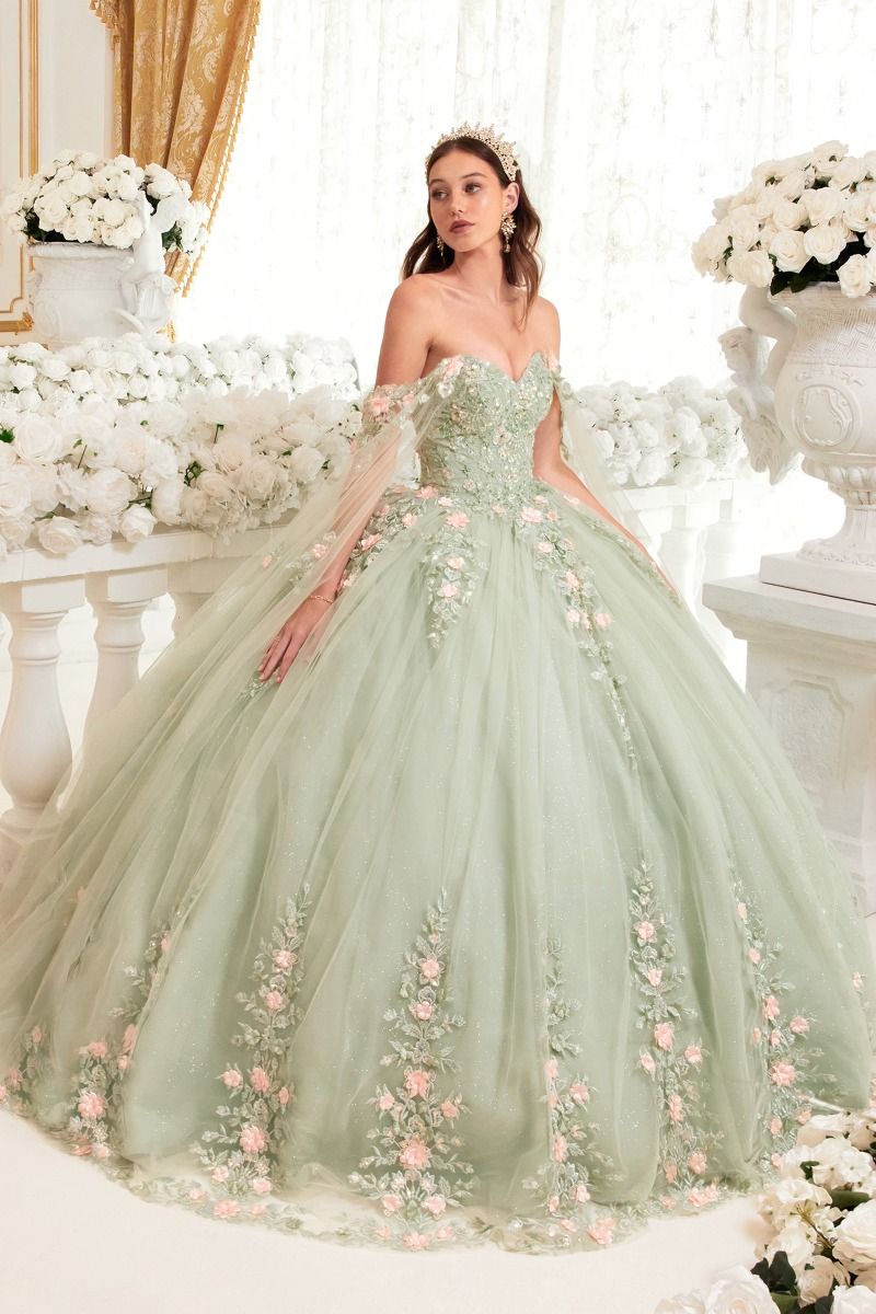 SAGE BALL GOWN WITH BLUSH FLORAL DETAILS CD15716