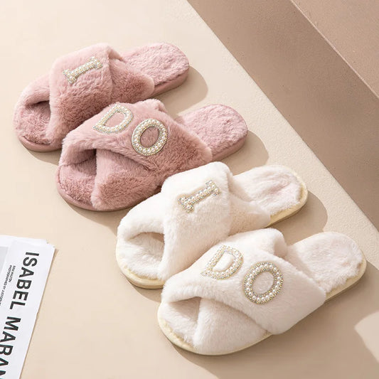 Plush Furry Warm Cozy White Slippers Open Toe Fluffy Bridal Party Wedding Bride Slippers I Do Slippers