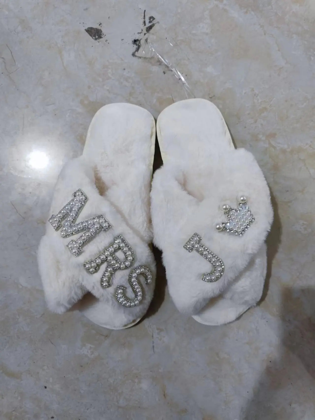 Plush Furry Warm Cozy White Slippers Open Toe Fluffy Bridal Party Wedding Bride Slippers I Do Slippers