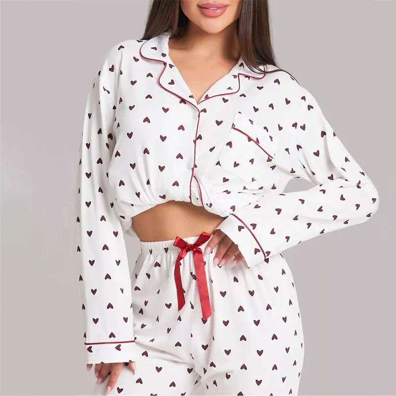 Love Print Lapel Pajama Set – Long Sleeve & Trousers