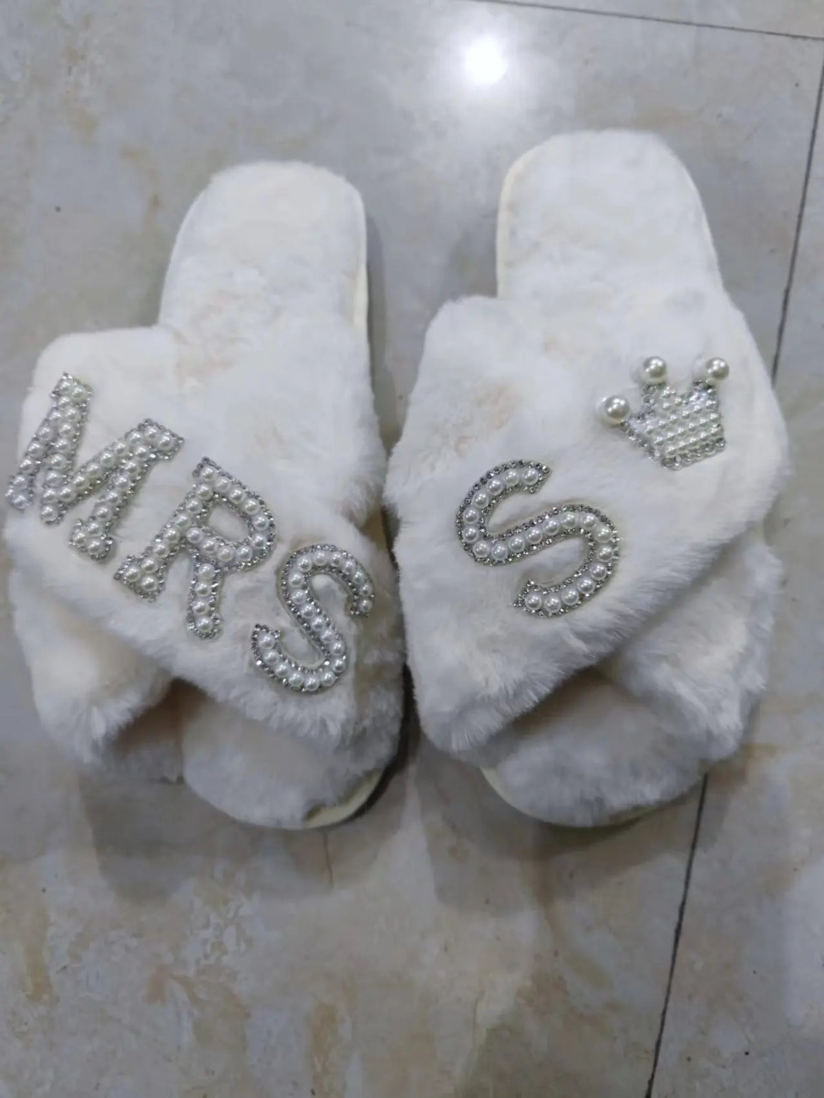 Plush Furry Warm Cozy White Slippers Open Toe Fluffy Bridal Party Wedding Bride Slippers I Do Slippers
