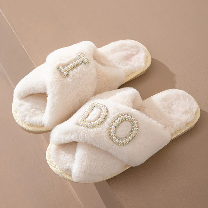 Plush Furry Warm Cozy White Slippers Open Toe Fluffy Bridal Party Wedding Bride Slippers I Do Slippers