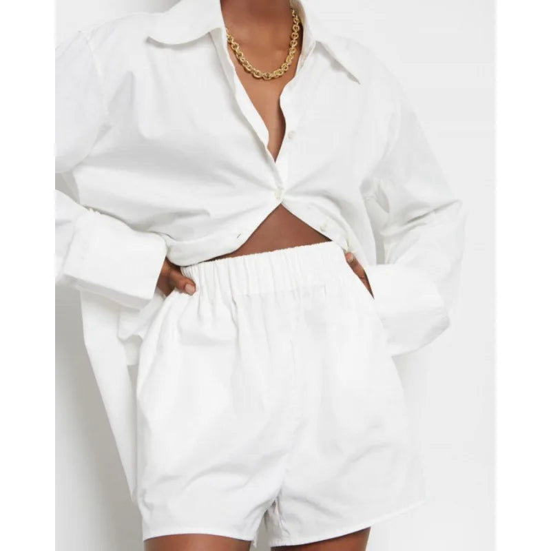 Custom 2pcs Striped Women's Long Sleeve Female Button Loungewear Blouse Shorts Sets Loose Stripe Shirt Outfits