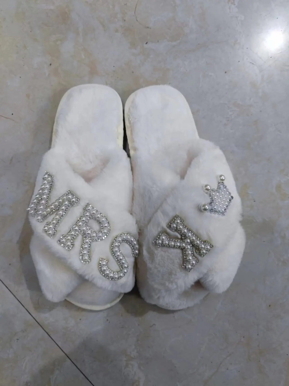 Plush Furry Warm Cozy White Slippers Open Toe Fluffy Bridal Party Wedding Bride Slippers I Do Slippers