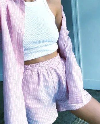 Custom 2pcs Striped Women's Long Sleeve Female Button Loungewear Blouse Shorts Sets Loose Stripe Shirt Outfits