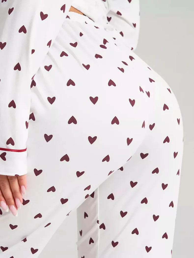 Love Print Lapel Pajama Set – Long Sleeve & Trousers
