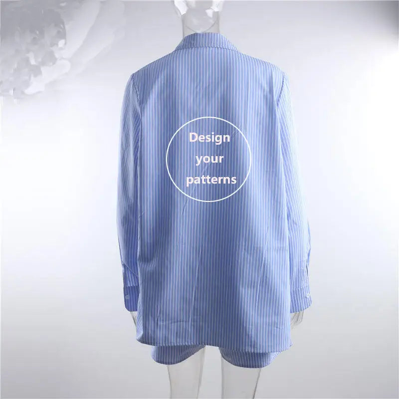 Custom 2pcs Striped Women's Long Sleeve Female Button Loungewear Blouse Shorts Sets Loose Stripe Shirt Outfits