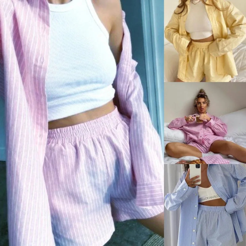 Custom 2pcs Striped Women's Long Sleeve Female Button Loungewear Blouse Shorts Sets Loose Stripe Shirt Outfits