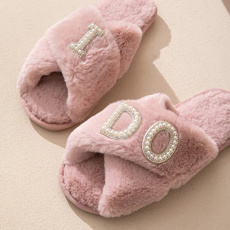 Plush Furry Warm Cozy White Slippers Open Toe Fluffy Bridal Party Wedding Bride Slippers I Do Slippers