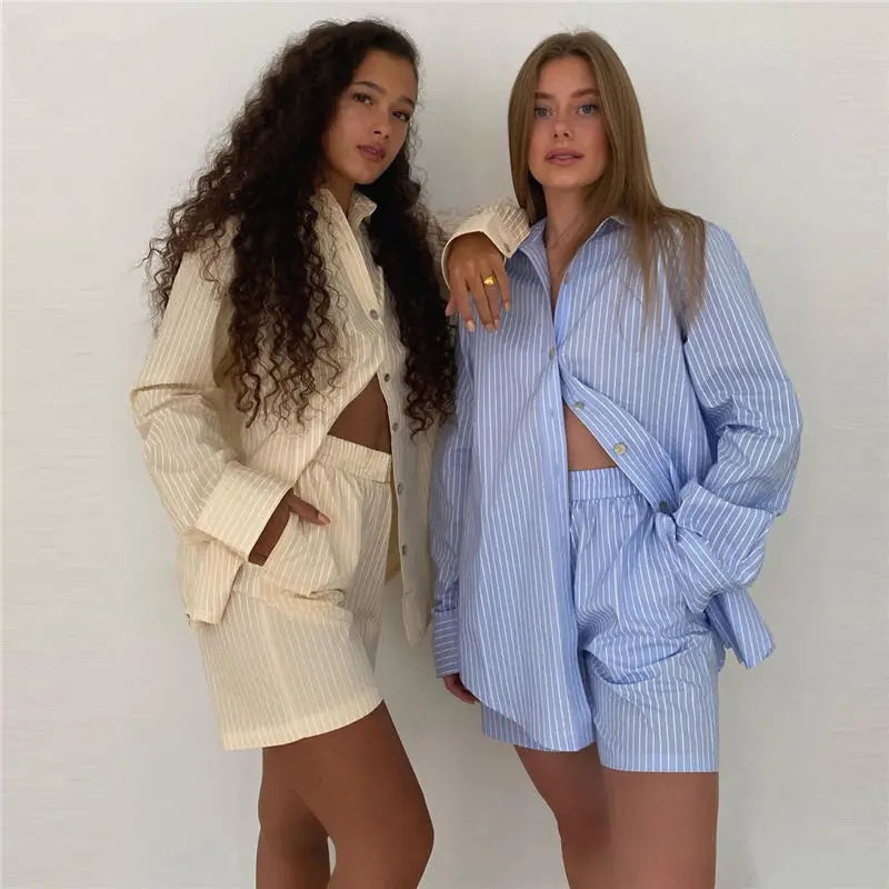 Custom 2pcs Striped Women's Long Sleeve Female Button Loungewear Blouse Shorts Sets Loose Stripe Shirt Outfits