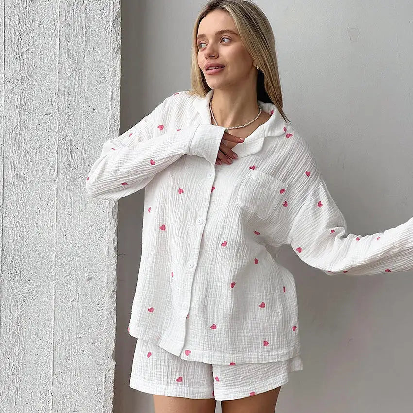 Cotton Print Long Sleeve Top & Shorts PJ Set