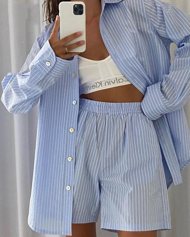 Custom 2pcs Striped Women's Long Sleeve Female Button Loungewear Blouse Shorts Sets Loose Stripe Shirt Outfits