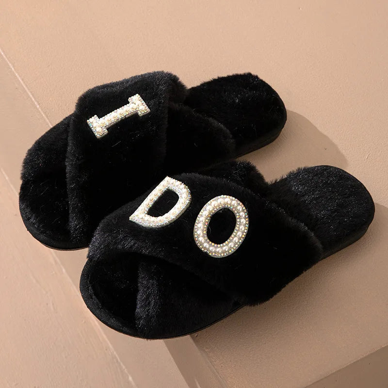 Plush Furry Warm Cozy White Slippers Open Toe Fluffy Bridal Party Wedding Bride Slippers I Do Slippers
