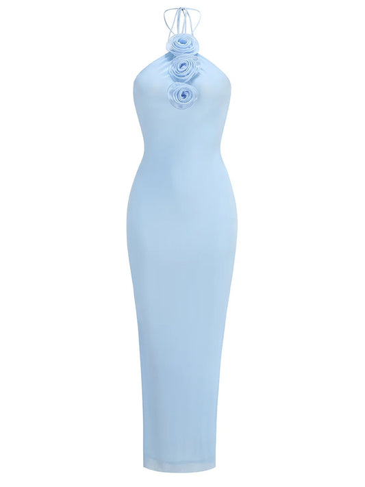 Evening Party Club Dresses Sexy Halter Neck 3D Flower Pencil Long Dress Women Light Blue Spaghetti Strap Cashmere Vacation Style