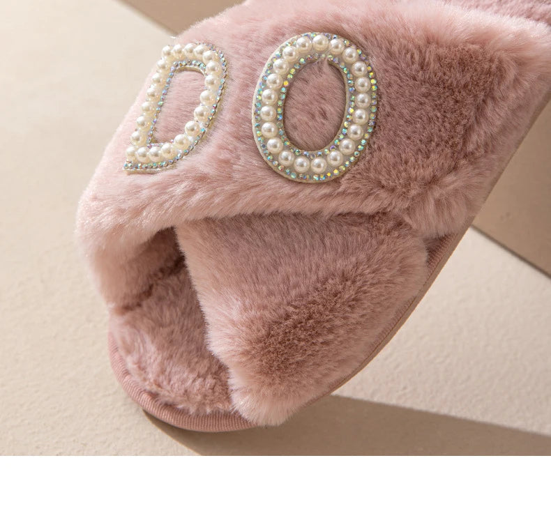 Plush Furry Warm Cozy White Slippers Open Toe Fluffy Bridal Party Wedding Bride Slippers I Do Slippers
