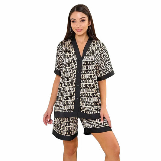 Satin Silk Short-Sleeve Pajama Set – Pants Included