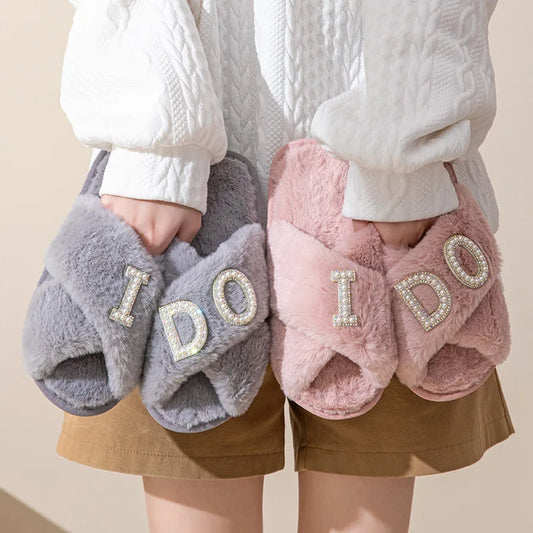 Plush Furry Warm Cozy White Slippers Open Toe Fluffy Bridal Party Wedding Bride Slippers I Do Slippers