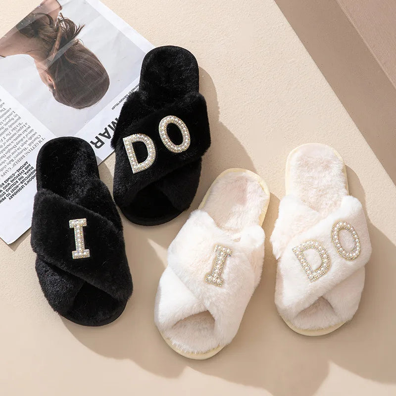Plush Furry Warm Cozy White Slippers Open Toe Fluffy Bridal Party Wedding Bride Slippers I Do Slippers