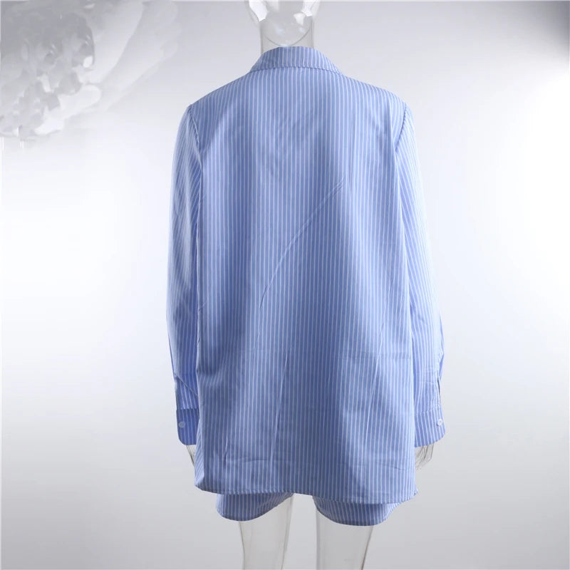 Custom 2pcs Striped Women's Long Sleeve Female Button Loungewear Blouse Shorts Sets Loose Stripe Shirt Outfits