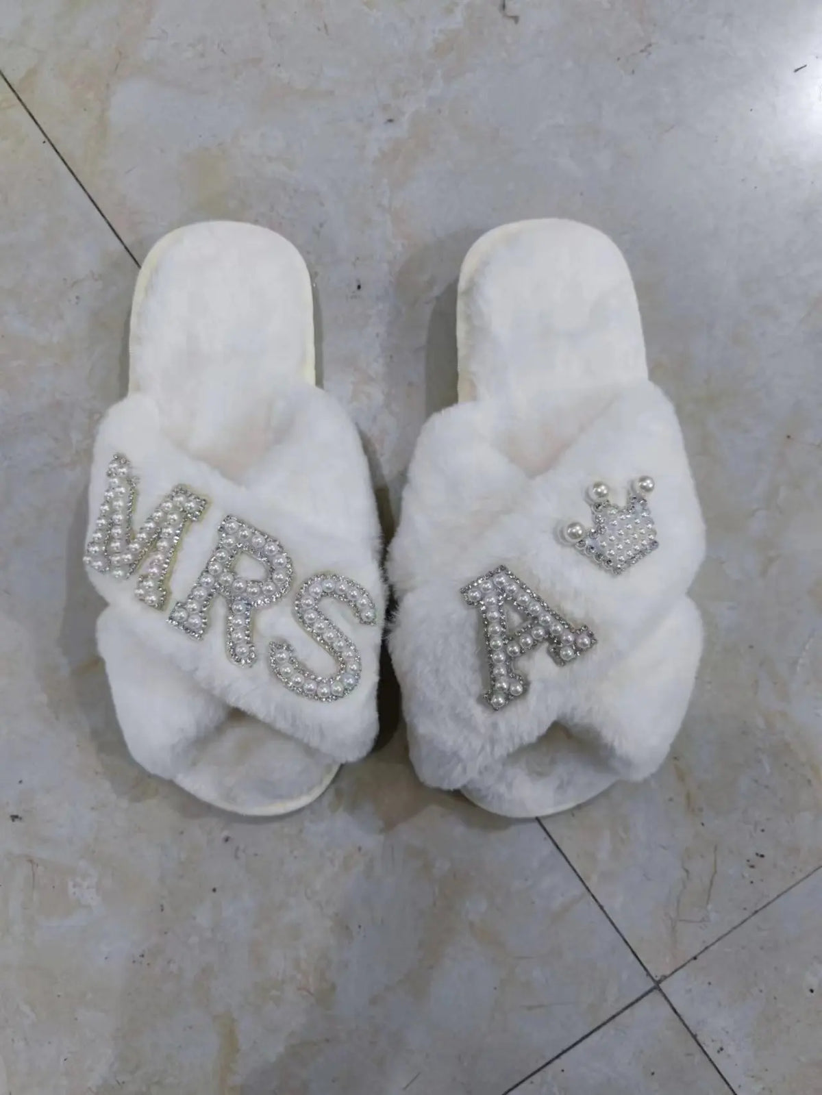 Plush Furry Warm Cozy White Slippers Open Toe Fluffy Bridal Party Wedding Bride Slippers I Do Slippers