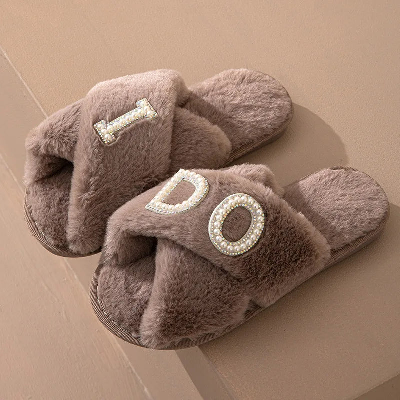 Plush Furry Warm Cozy White Slippers Open Toe Fluffy Bridal Party Wedding Bride Slippers I Do Slippers
