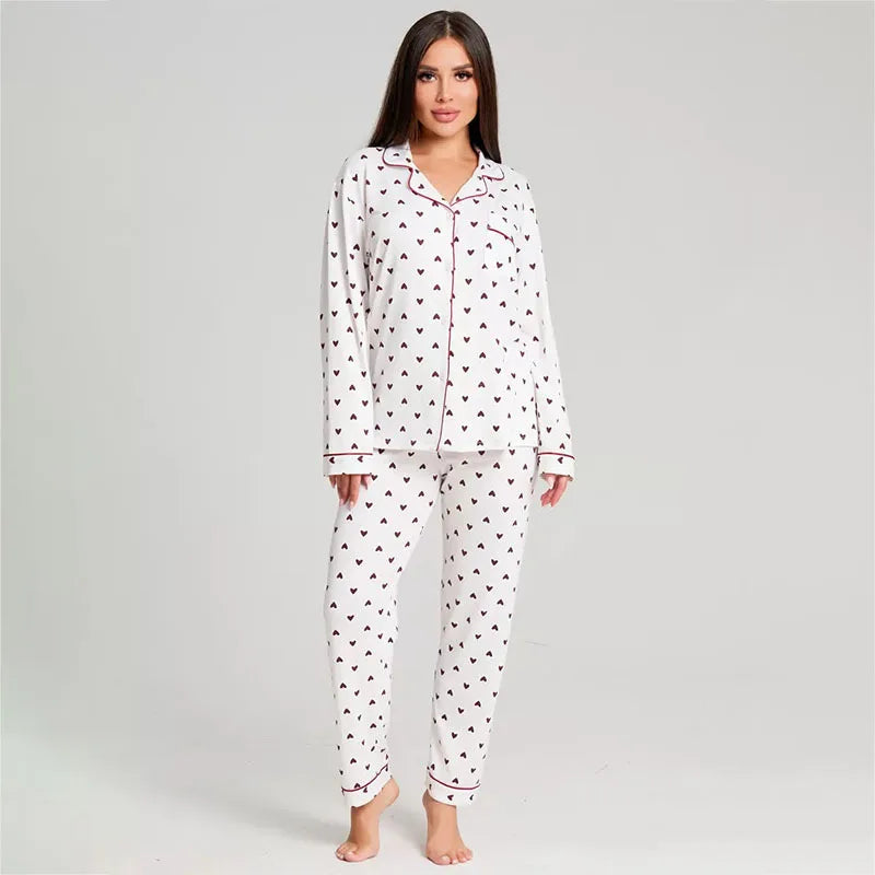 Love Print Lapel Pajama Set – Long Sleeve & Trousers