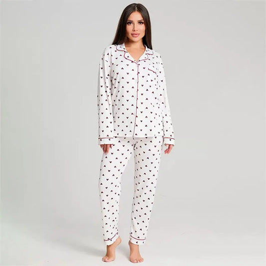 Love Print Lapel Pajama Set – Long Sleeve & Trousers