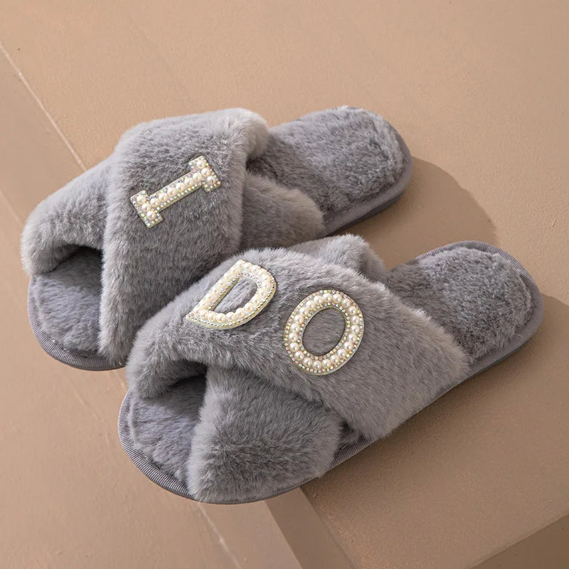 Plush Furry Warm Cozy White Slippers Open Toe Fluffy Bridal Party Wedding Bride Slippers I Do Slippers