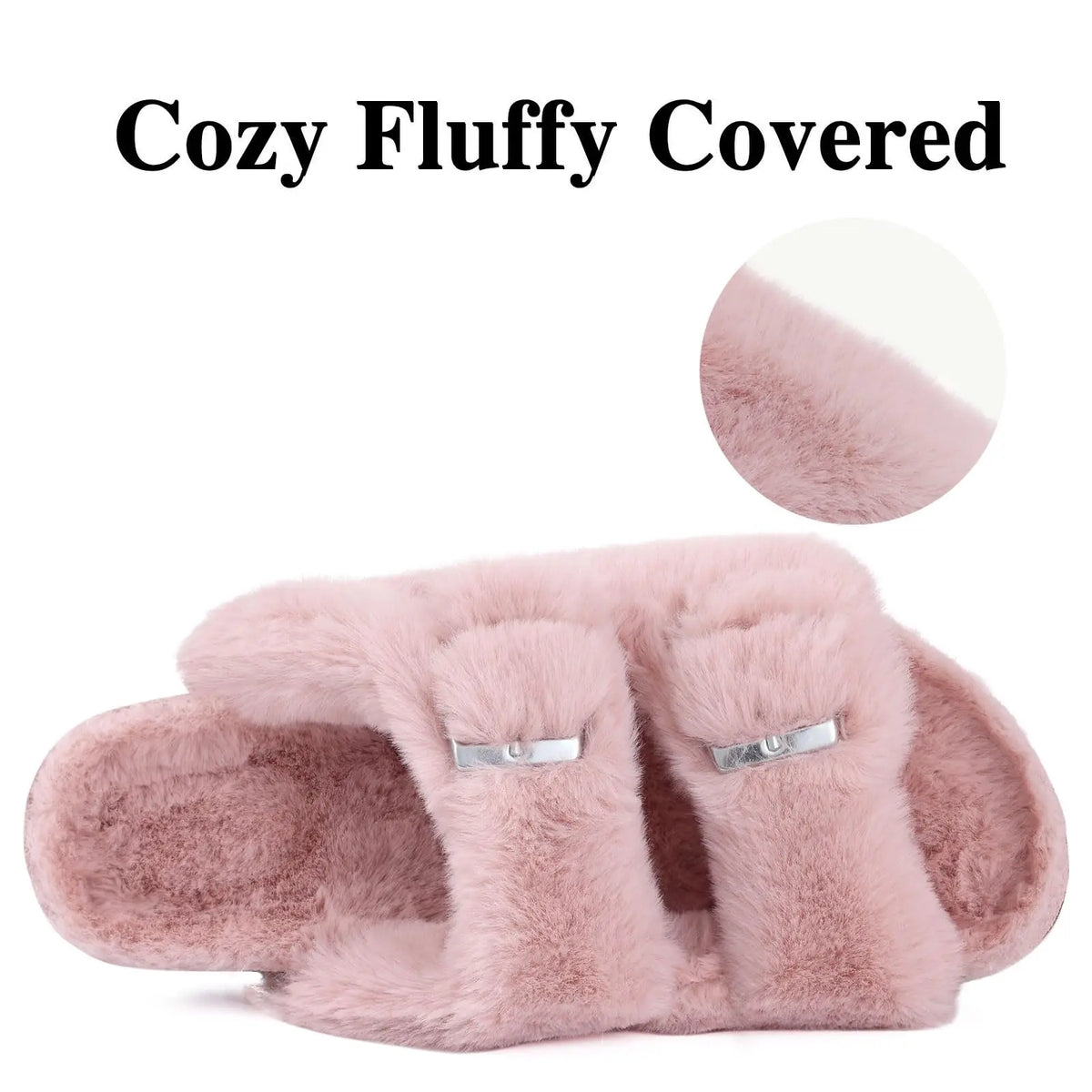 Evshine Faux-Fur Slides with Adjustable Buckles and Cork Footbed