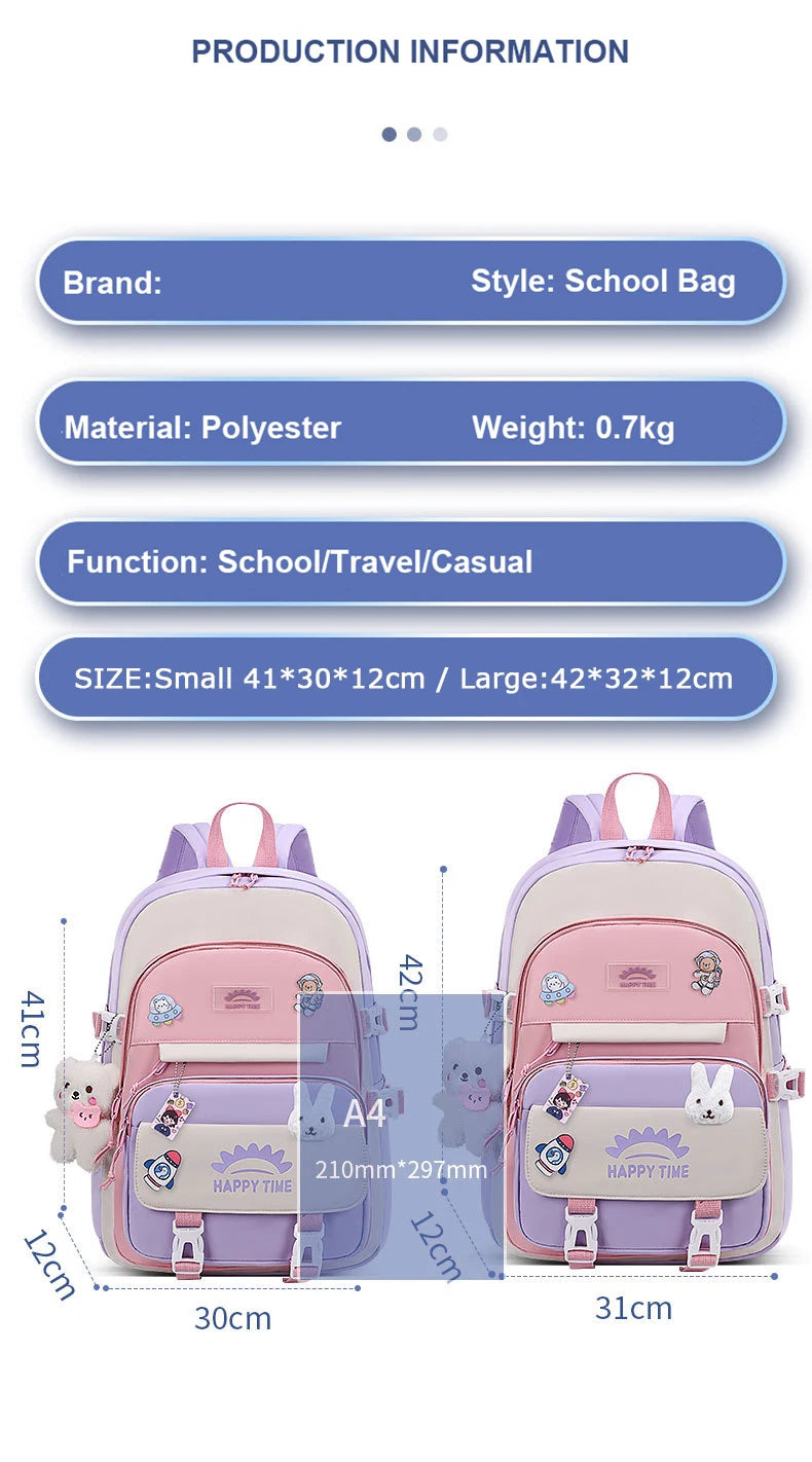 Women's Multi-Pocket Nylon Backpack | Preppy, With Charms
