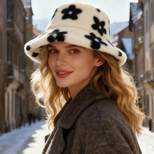 Floral Plush Bucket Hat in Polyester