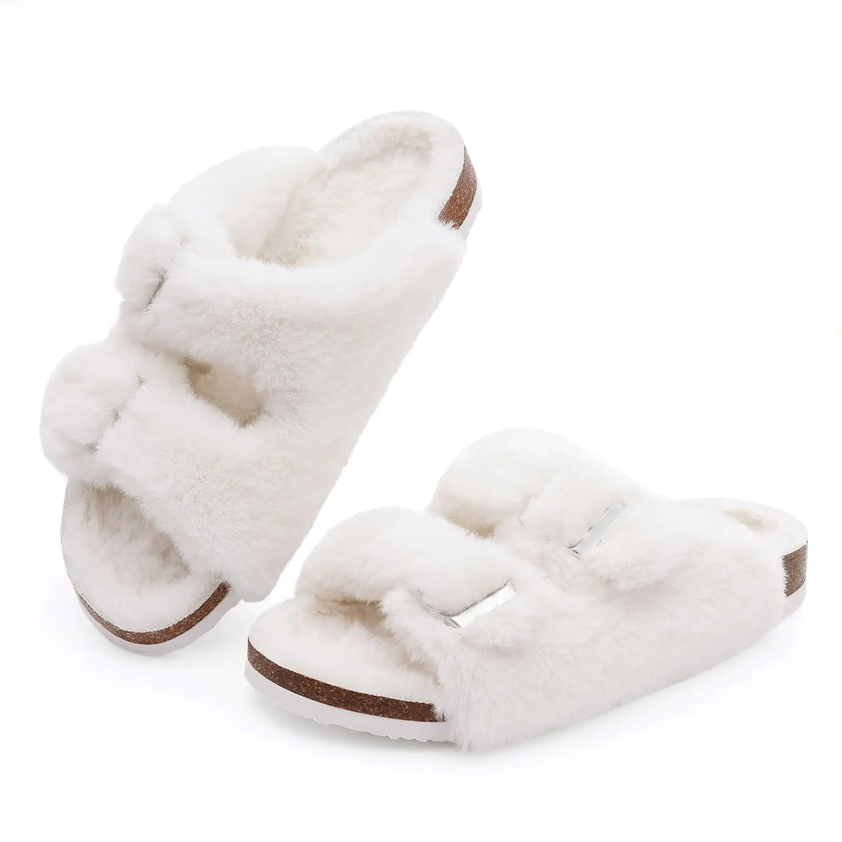Evshine Faux-Fur Slides with Adjustable Buckles and Cork Footbed