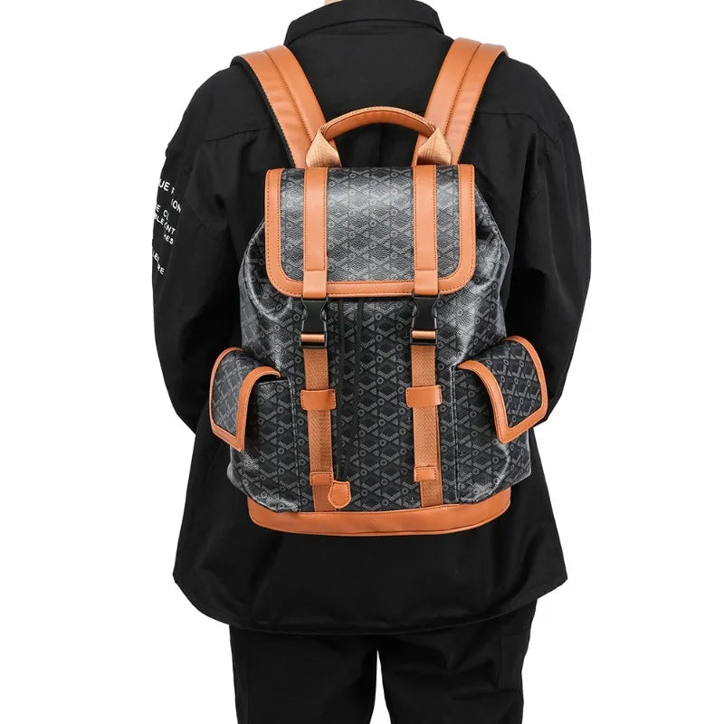 Plaid PU Leather Backpack | Flap Pockets, 15" Laptop, Men