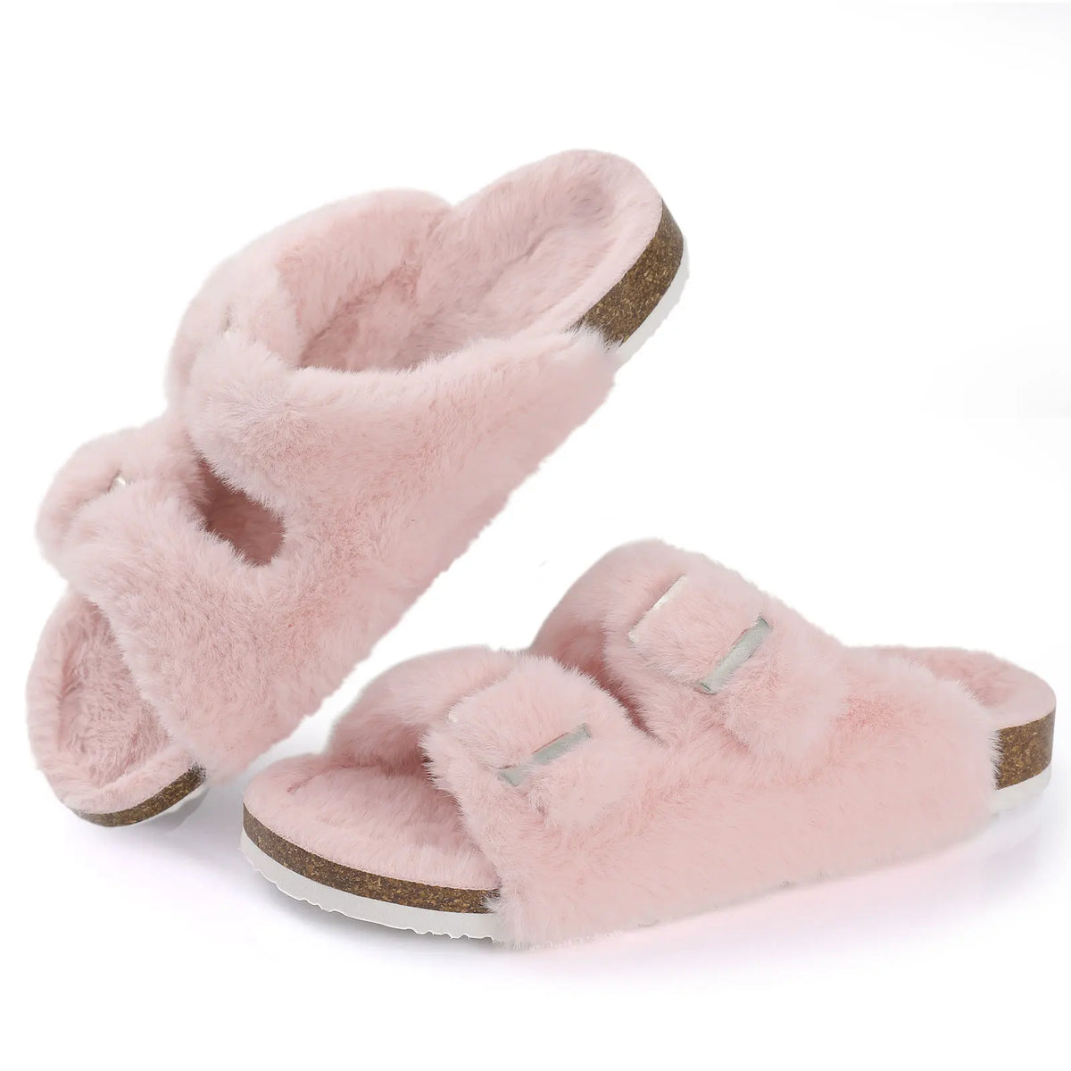 Shevalues Fuzzy Open-Toe Slippers with Adjustable Buckles