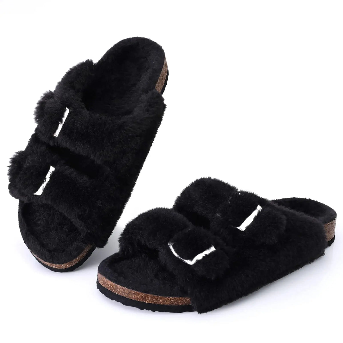 Evshine Faux-Fur Slides with Adjustable Buckles and Cork Footbed
