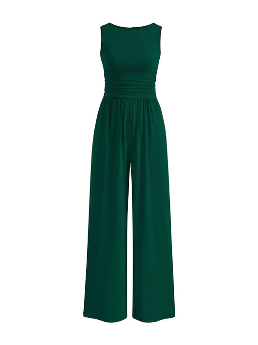 Women Crew Neck Sleeveless Wide Leg Jumpsuit | One Piece Jumpsuits