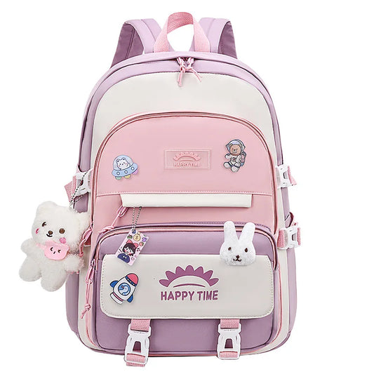 Women's Multi-Pocket Nylon Backpack | Preppy, With Charms