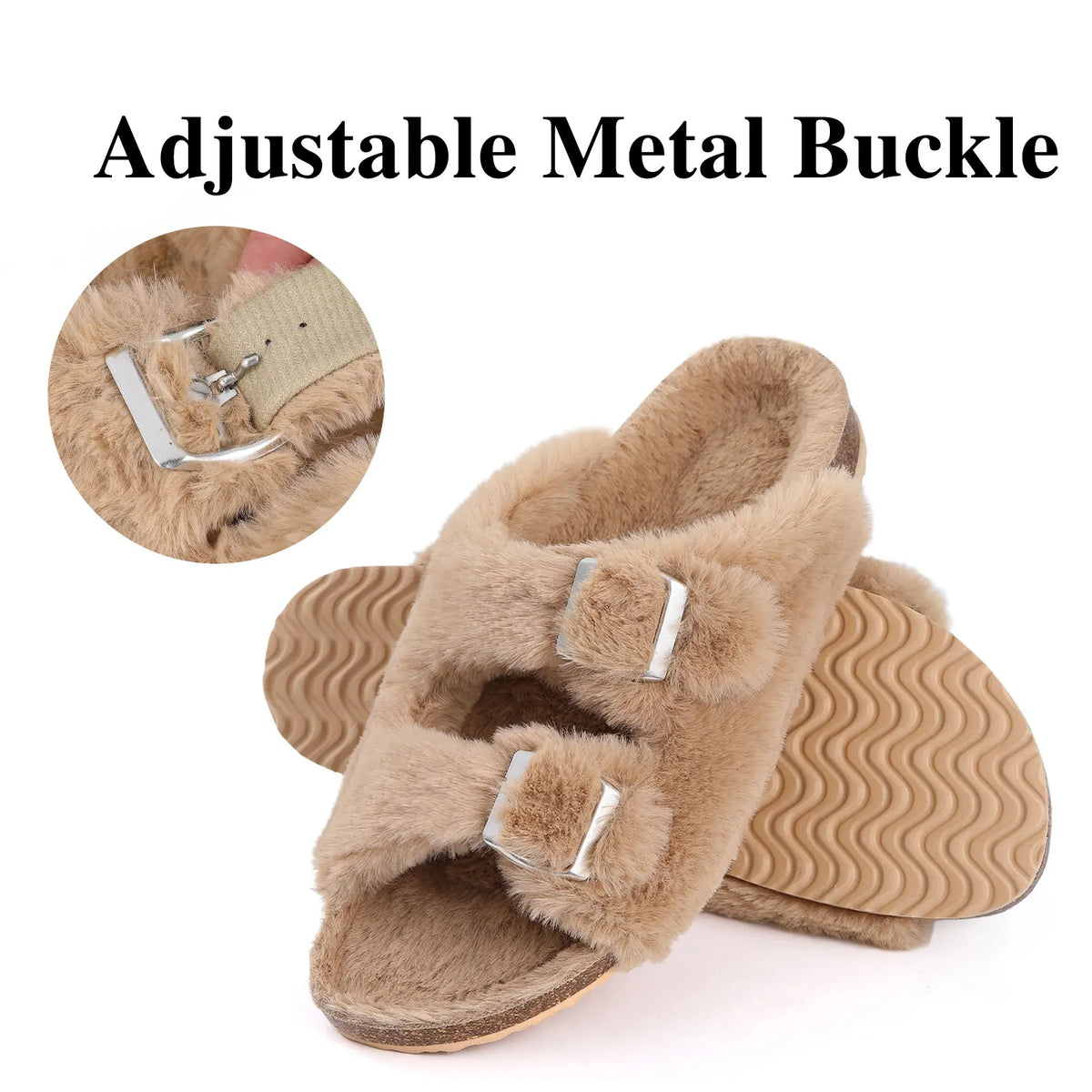 Shevalues Fuzzy Open-Toe Slippers with Adjustable Buckles