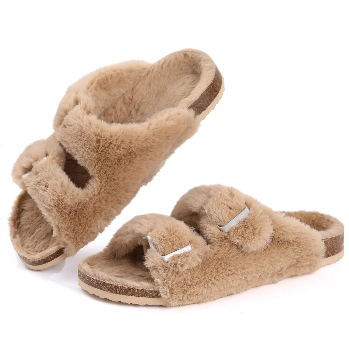Shevalues Fuzzy Open-Toe Slippers with Adjustable Buckles