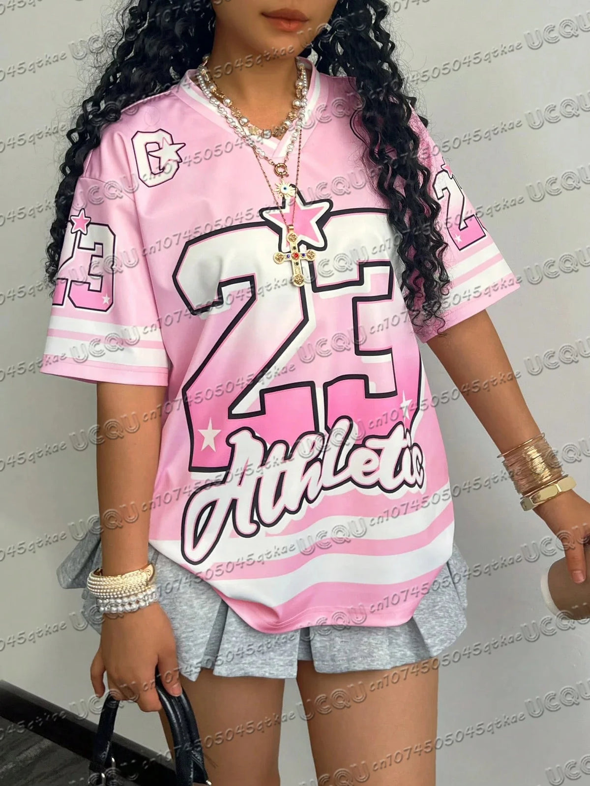 Pink Number 23 Printed Jersey T-Shirt For Summer Women'S V-Neck Sports Short Sleeved Casual Travel Teey2k Fashion Clothing Top