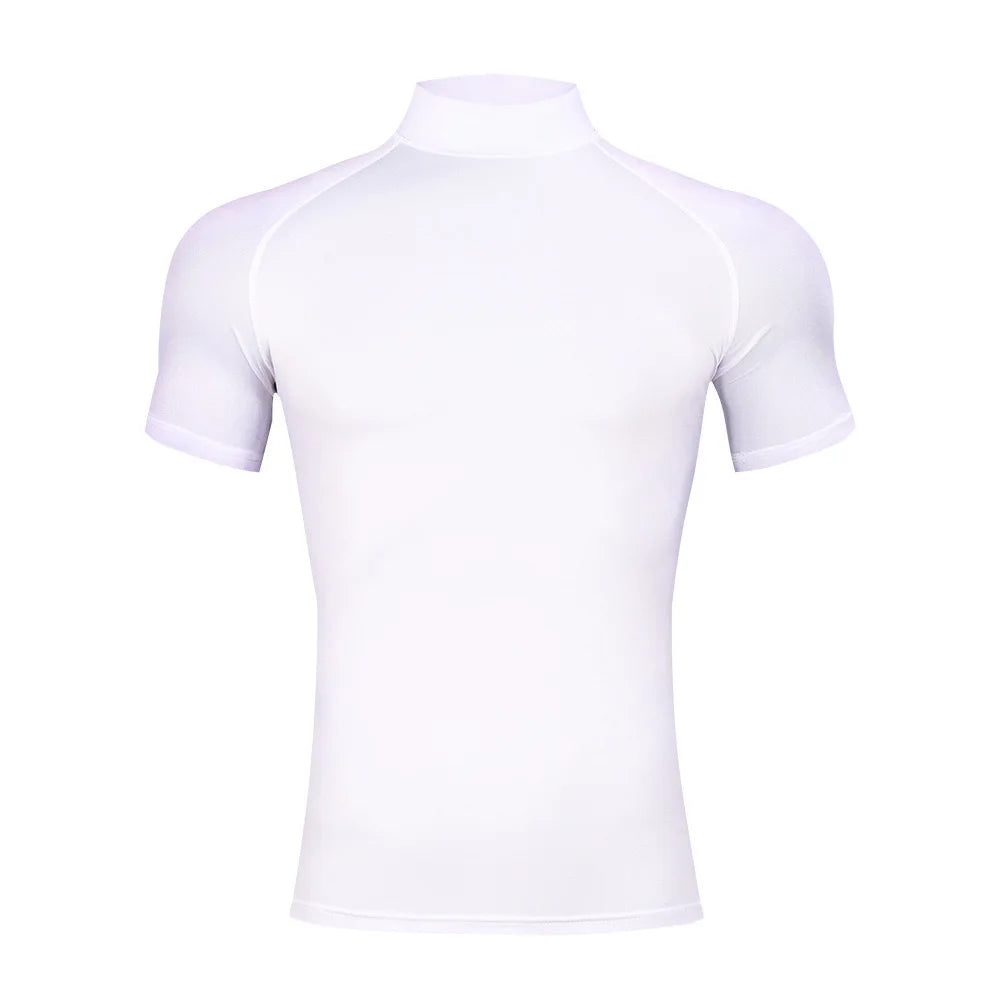 Mens Bodybuilding Sports Tight T-shirt Summer Compression Turtleneck Short Sleeve Gym Fitness Running Quick Dry Male Workout Top