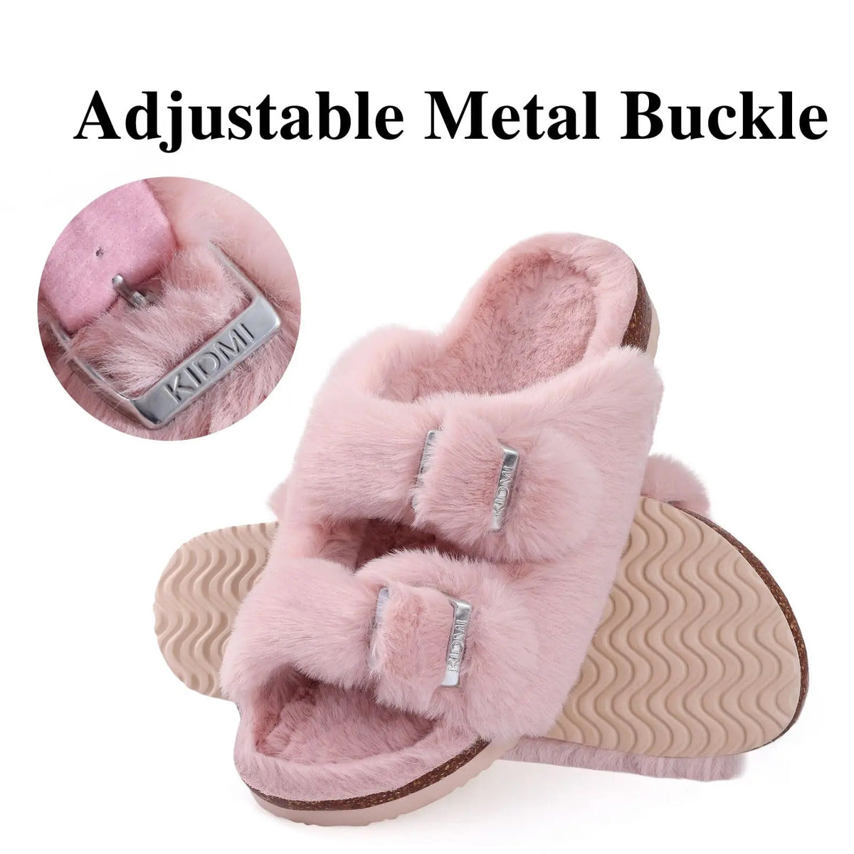 Evshine Faux-Fur Slides with Adjustable Buckles and Cork Footbed
